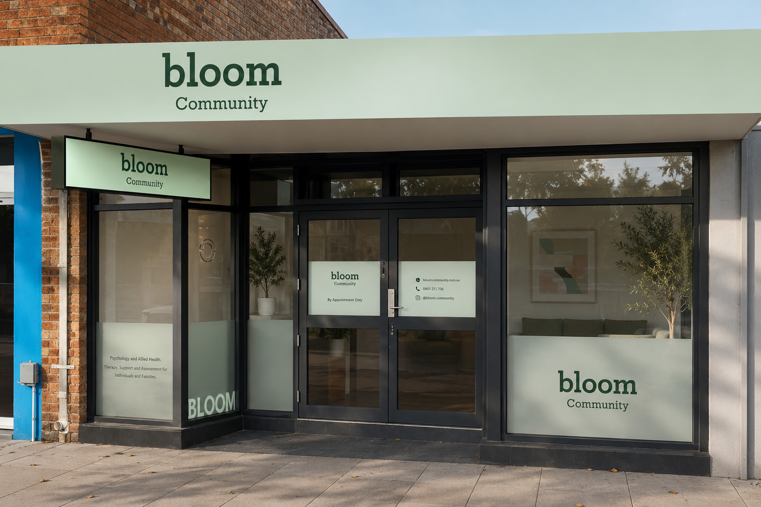 Bloom Community shopfront fascia, blade sign and window graphics