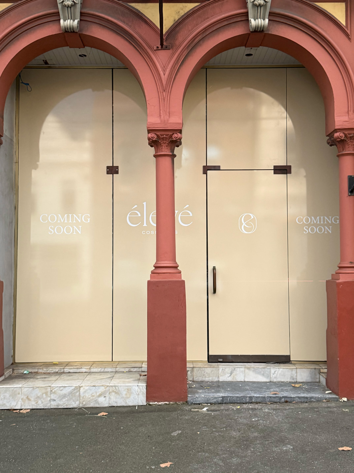 Élevé Cosmetics shopfront window graphics with coming soon lettering
