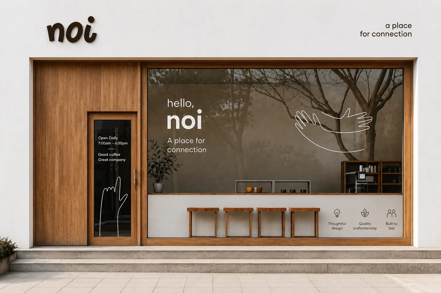 Minimal white and timber shopfront with 3D noi lettering and window graphics